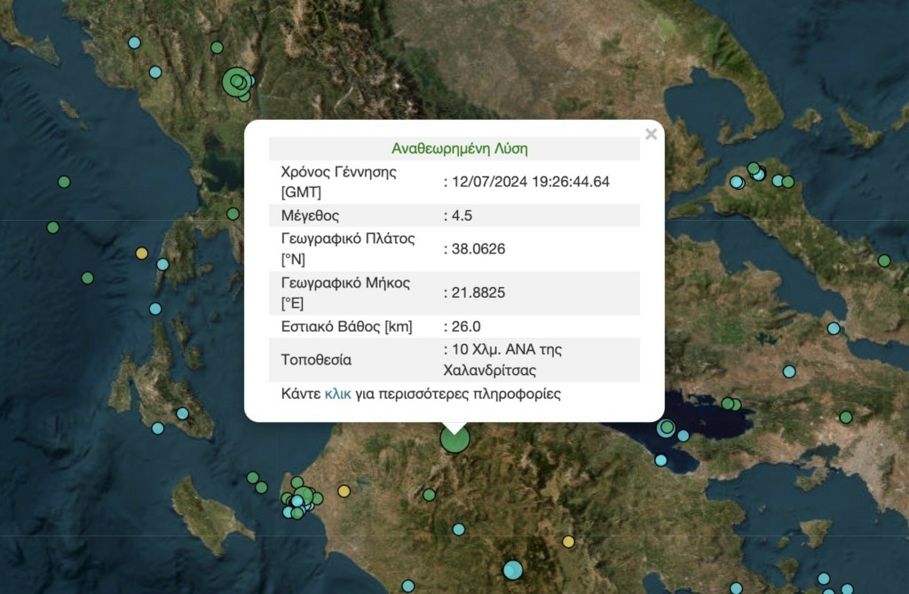 Σεισμός 4,5 Ρίχτερ στην Χαλανδρίτσα Αχαΐας – Αισθητός στην Πάτρα